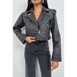 Women's Vintage Effect Crop Leather Jacket