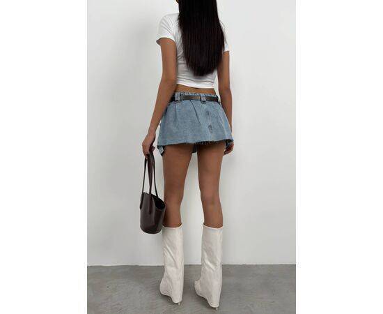 Women's Belted Pleated Mini Denim Skirt