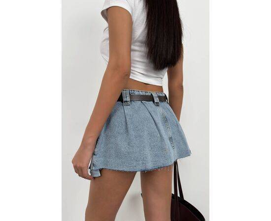 Women's Belted Pleated Mini Denim Skirt