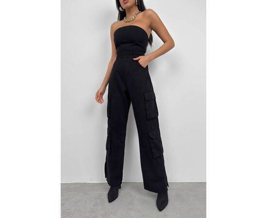 Women's Strapless Denim Jumpsuit with Cargo Pocket