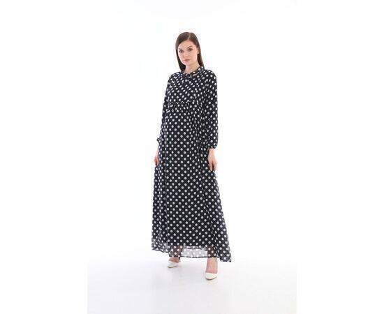 Maternity Hidden Zipper Breastfeeding Section Lace Waist Chiffon Maxi Length Hijab Dress Polka Dot Black