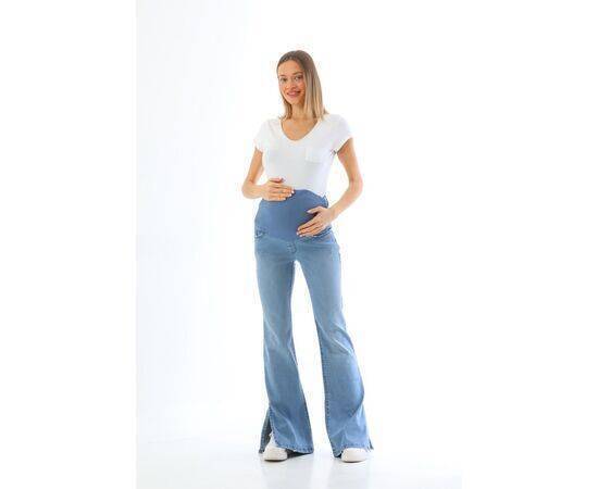 Maternity Flexible Belly Banded Adjustable Waist Flare Leg Side Slit Jeans Blue