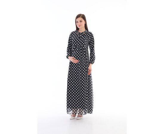 Maternity Hidden Zipper Breastfeeding Section Lace Waist Chiffon Maxi Length Hijab Dress Polka Dot Black